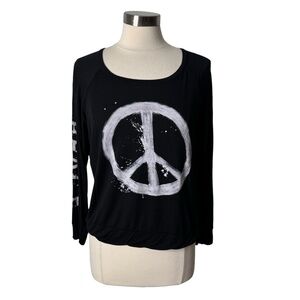 Bird and Vine Paint Splatter Peace Sign Long Sleeve T-Shirt Women’s Small Black